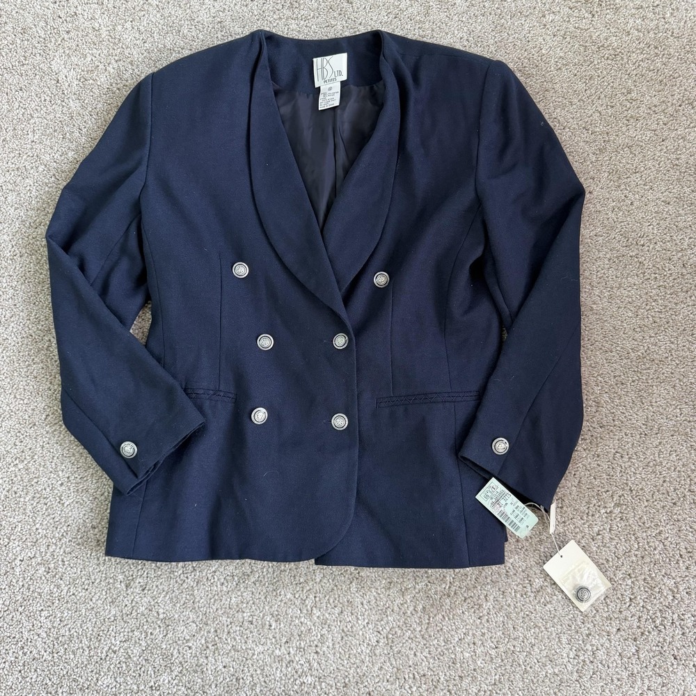 HBS LTD Blazer Jacket Womens 12 Petite Navy Double Breasted Lined Office Career